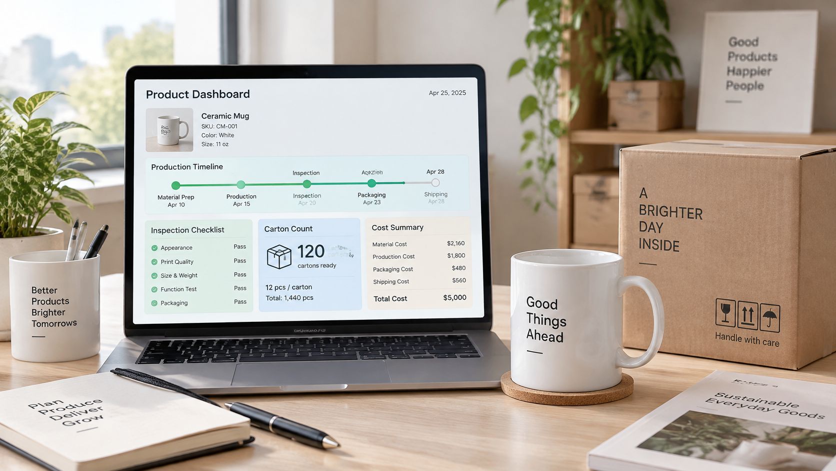 A laptop on a desk displaying a product dashboard for tracking ceramic mug manufacturing status and costs.