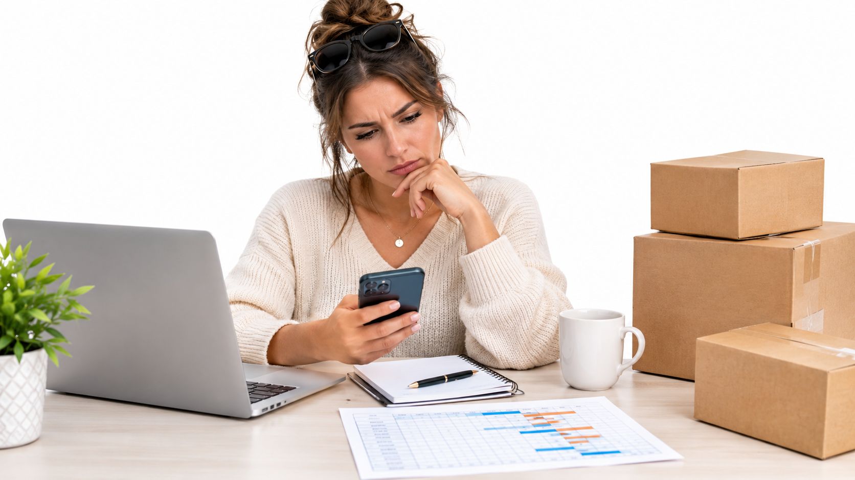 A businesswoman wearing a cozy sweater looking concerned while checking production data on her smartphone at work.