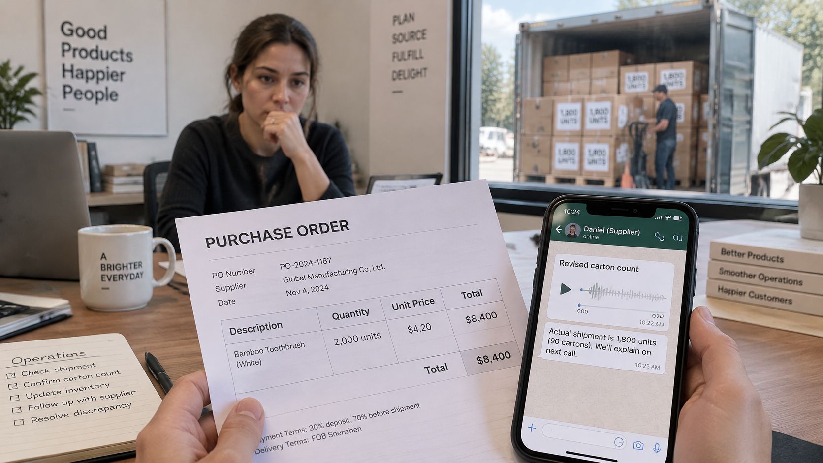 A person reviewing a purchase order alongside a mobile messaging conversation about a shipment discrepancy.