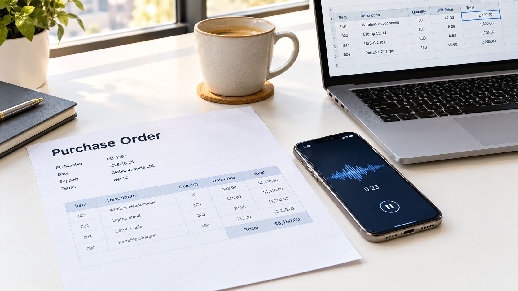 A professional desk setting featuring a printed purchase order, a laptop displaying a spreadsheet, and a smartphone.