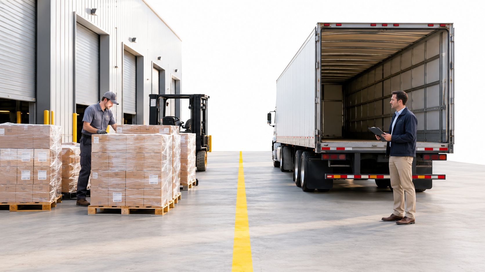 A warehouse worker and a manager inspecting pallets of goods before loading them onto a truck.