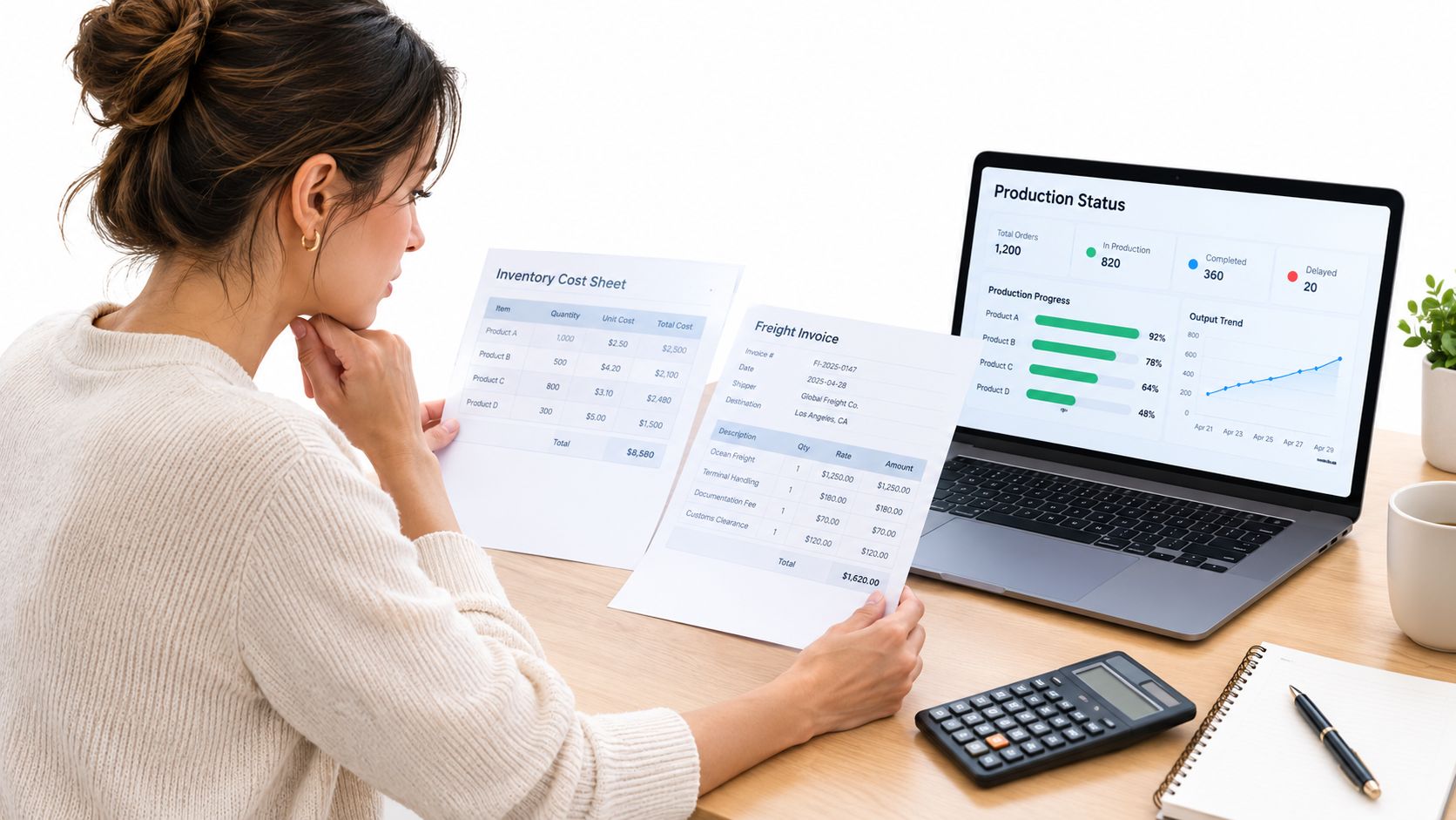 A businesswoman reviews inventory costs and freight invoices while monitoring production status on her laptop.