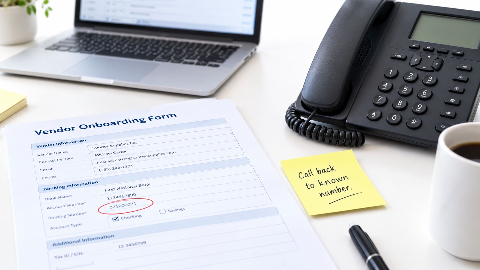 A vendor onboarding form on a desk next to a laptop, office phone, and coffee cup.