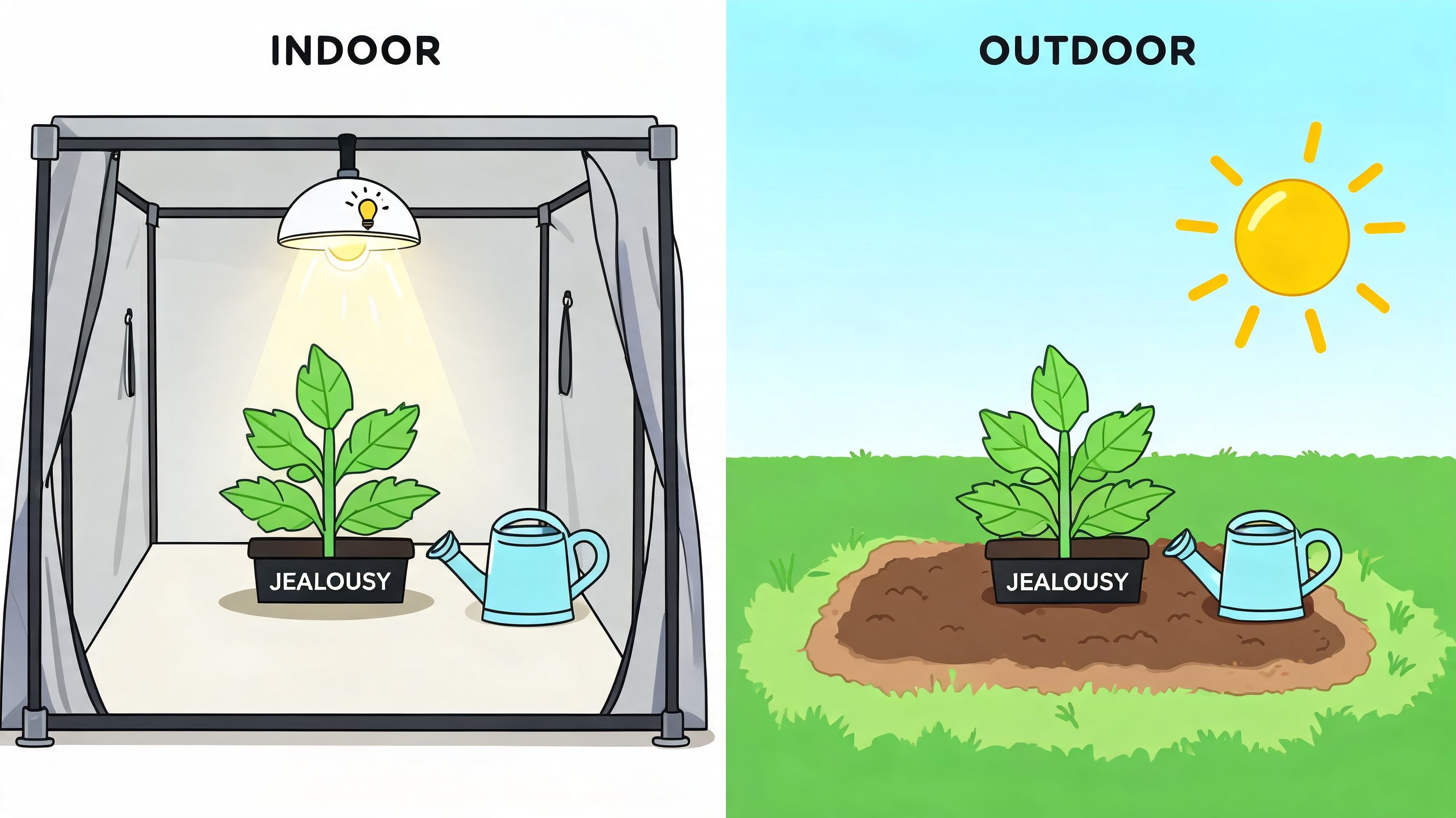 A side-by-side comparison illustration showing a Jealousy strain cannabis plant growing indoors and outdoors.