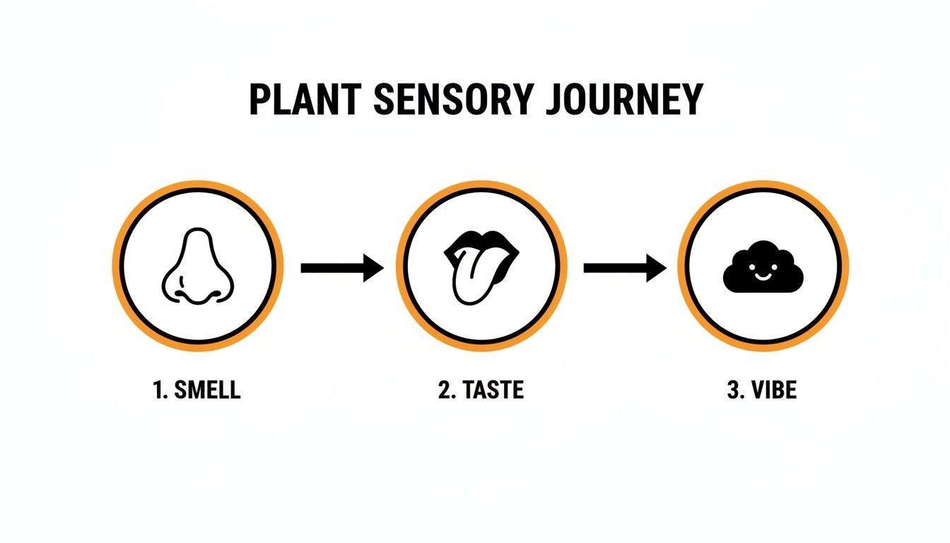 Diagram illustrating a plant sensory journey: smell, taste, and the resulting vibe.