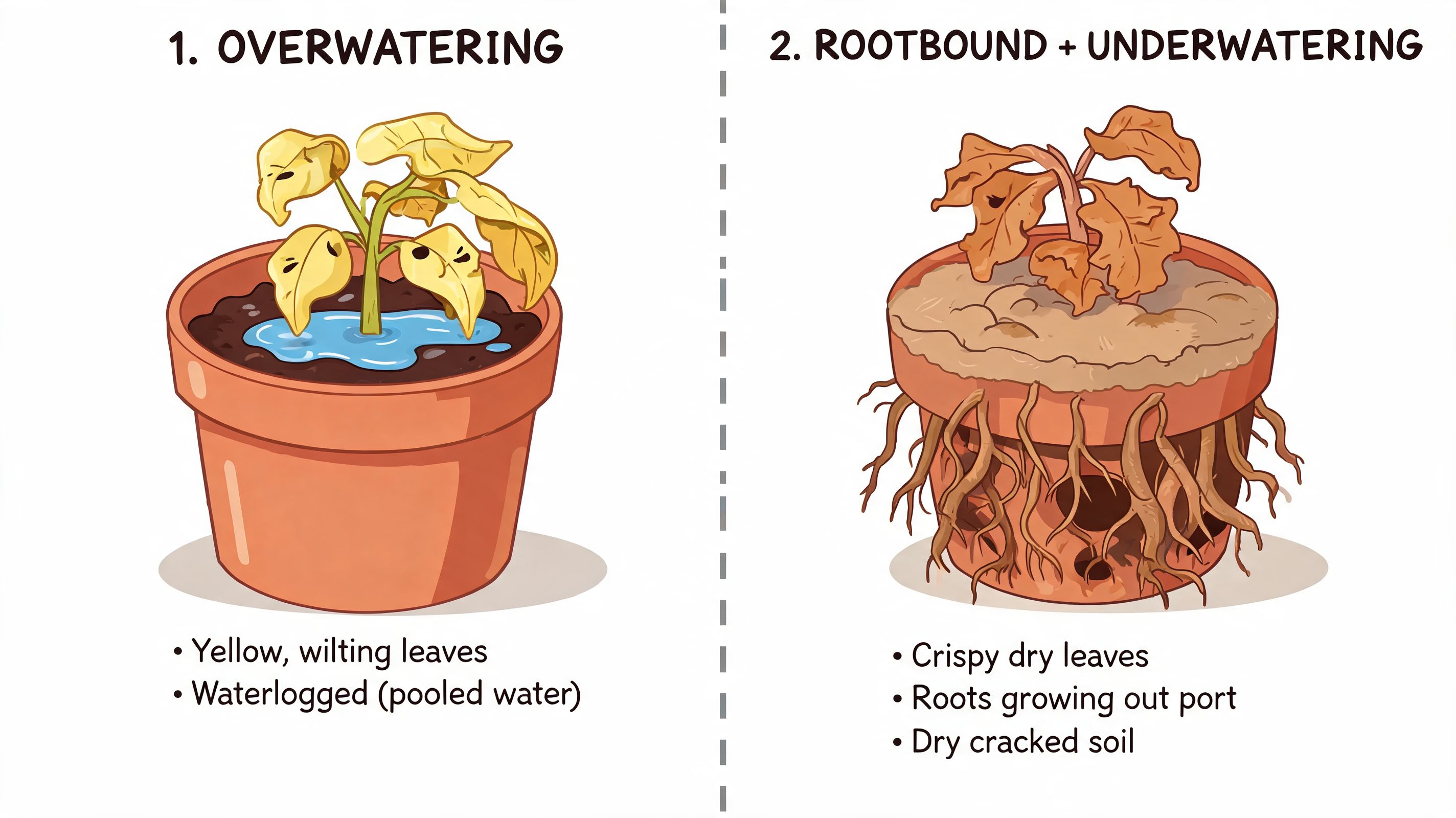 An illustration comparing overwatered plants with yellow leaves and rootbound plants with dry, crispy foliage.