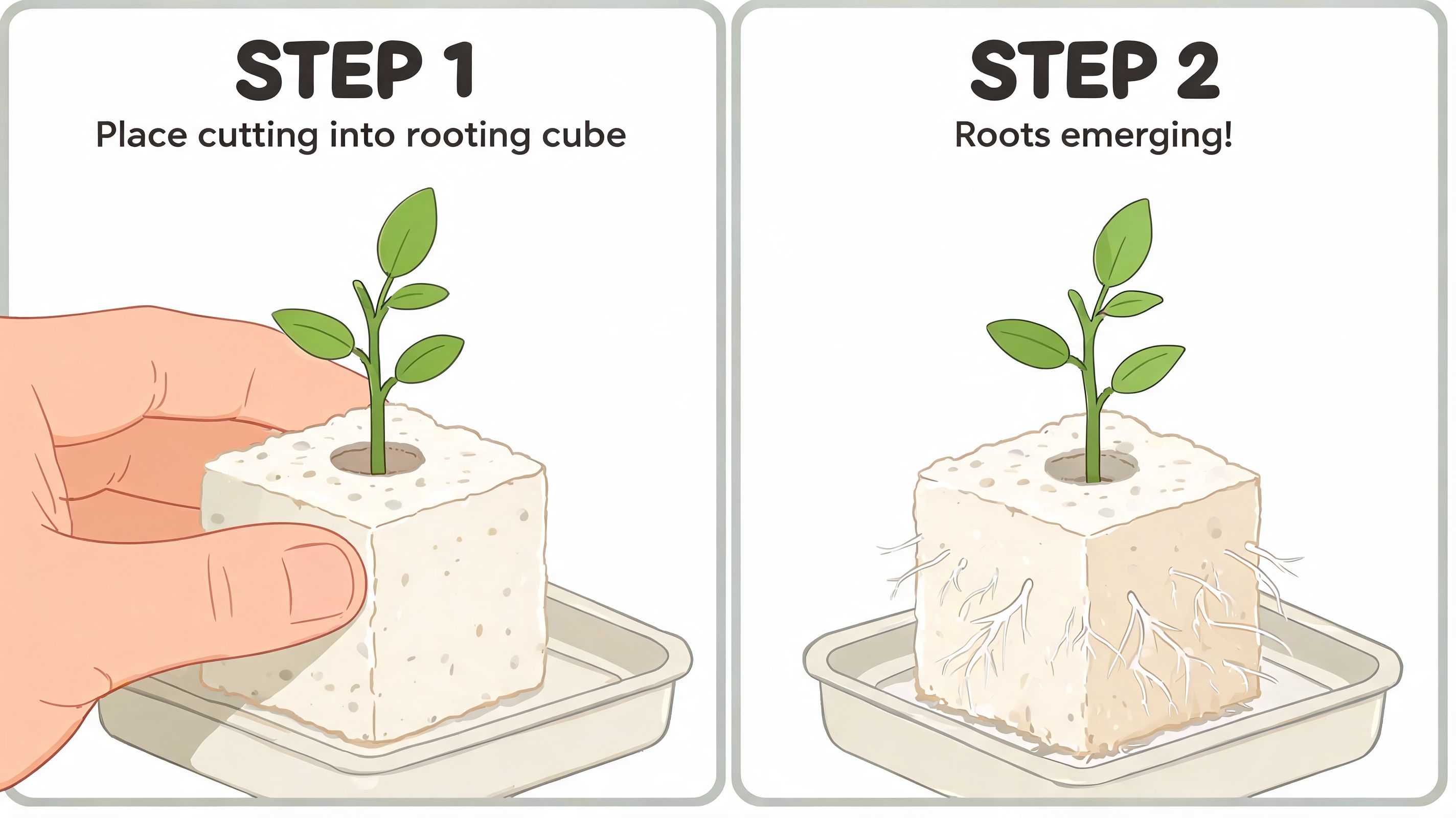 A two-step illustration showing a plant cutting placed into a rooting cube and then developing roots.