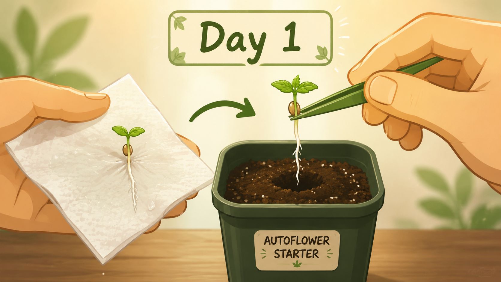 A hand placing a sprouted cannabis seed into soil using tweezers, illustrating a guide for beginner growers.