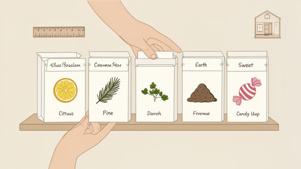 A person's hands placing various labeled seed packets onto a wooden shelf.