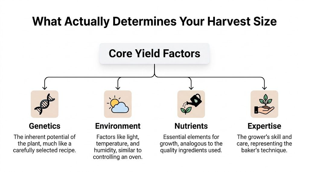 A diagram illustrating the four core factors that determine harvest yield: genetics, environment, nutrients, and grower expertise.
