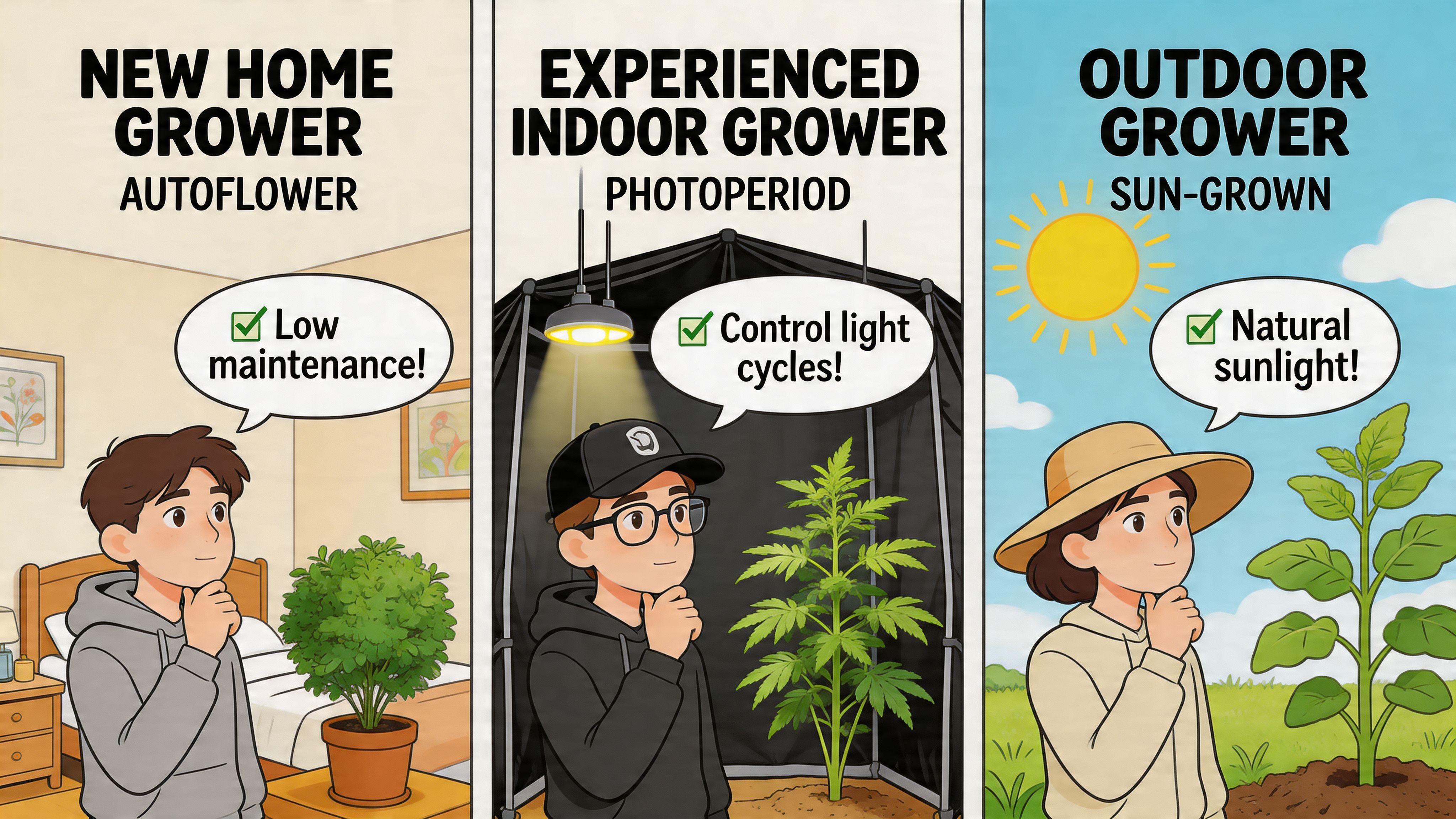 A comparison chart showing three types of cannabis growers: new home autoflower, experienced indoor photoperiod, and outdoor sun-grown.