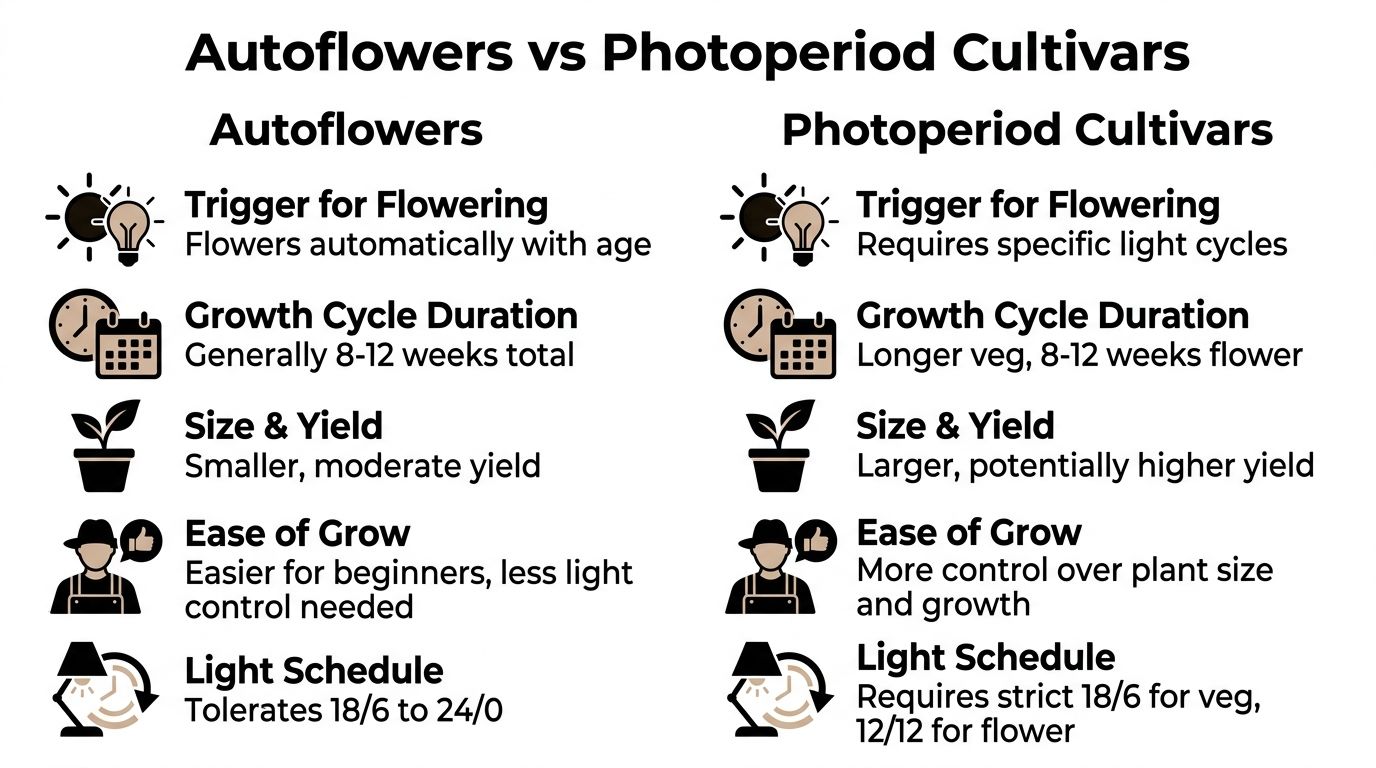 A comparison chart outlining key differences between autoflower and photoperiod cannabis plant cultivation and growth cycles.