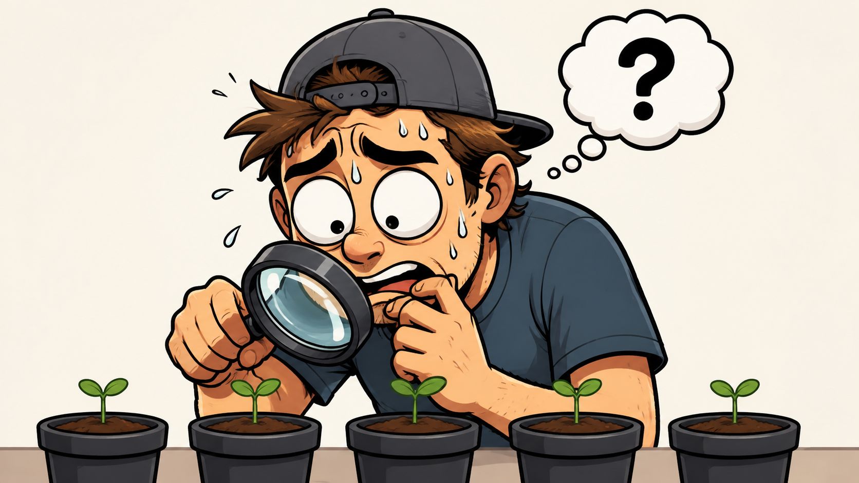 A concerned young man inspecting five small potted cannabis seedlings with a magnifying glass while feeling confused.