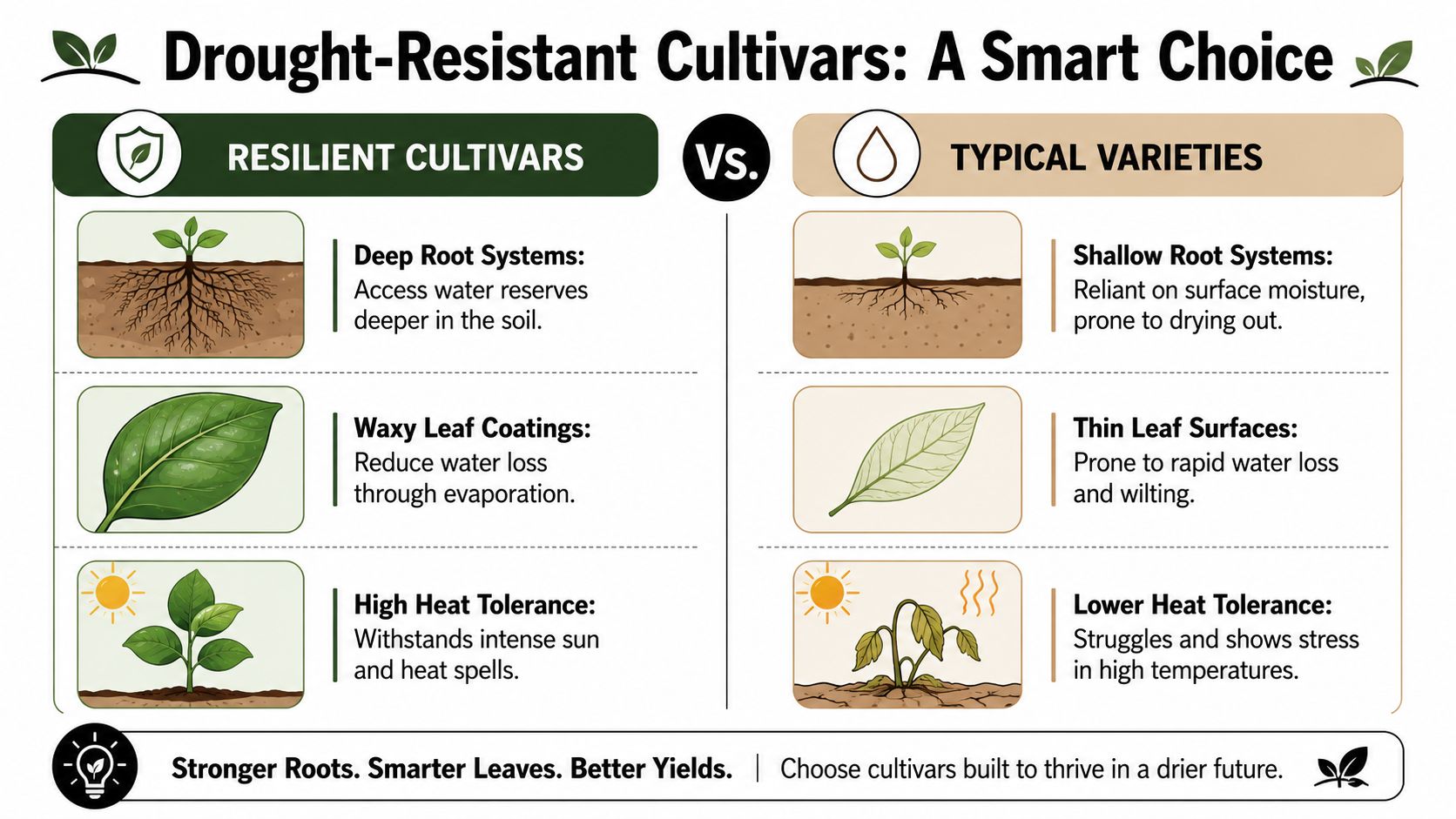 A comparison chart showing benefits of drought-resistant cultivars versus typical plant varieties for sustainable farming.