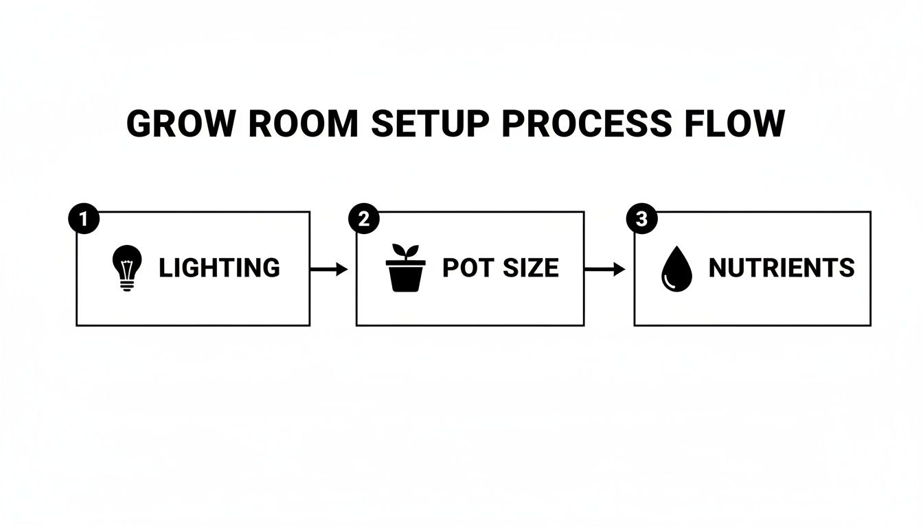 A process flow diagram showing grow room setup steps: lighting, pot size, and nutrients.