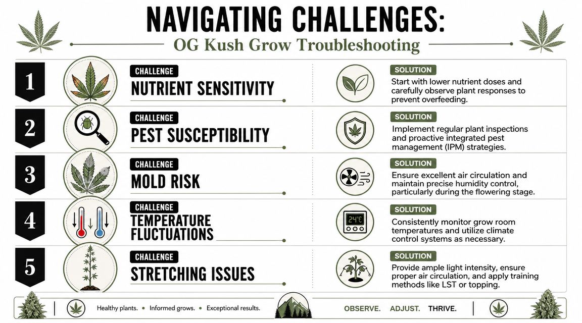 An infographic detailing five common troubleshooting challenges for growing OG Kush cannabis plants with suggested solutions.