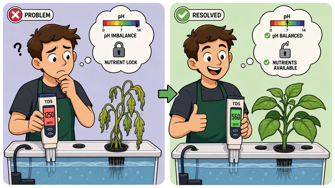 A person using a TDS meter to check hydroponic water quality for healthy versus unhealthy plants.