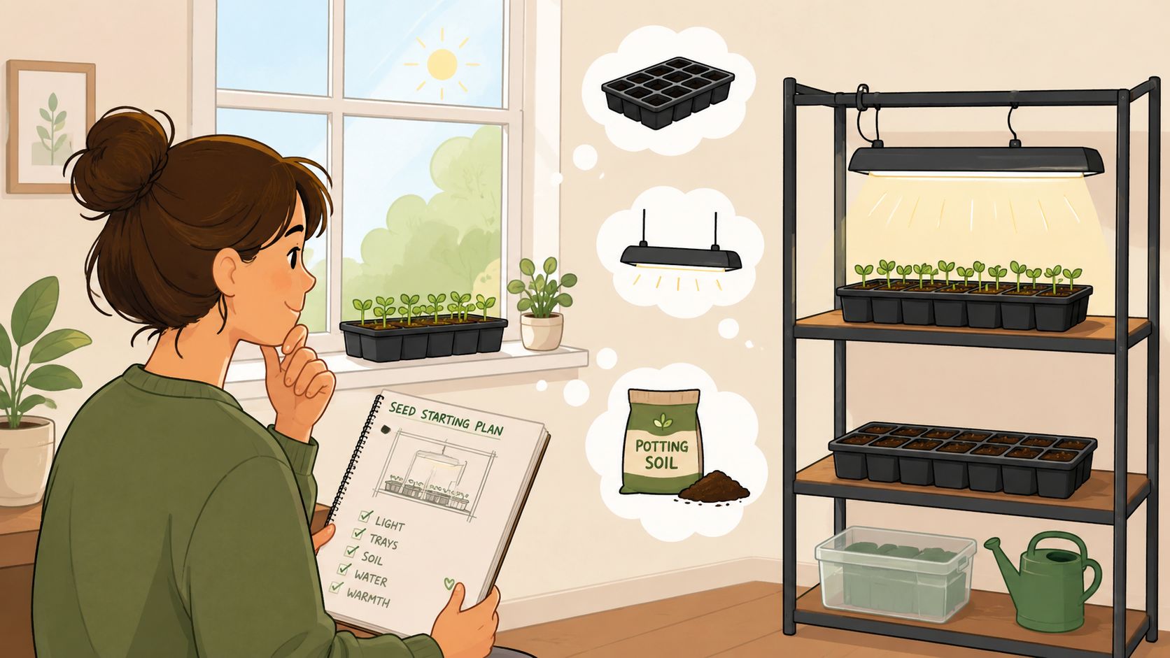 A woman planning an indoor seed starting setup with trays, grow lights, and potting soil.