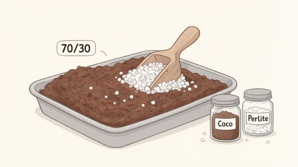 A tray shows a 70/30 coco coir and perlite mixture being prepared with a wooden scoop.