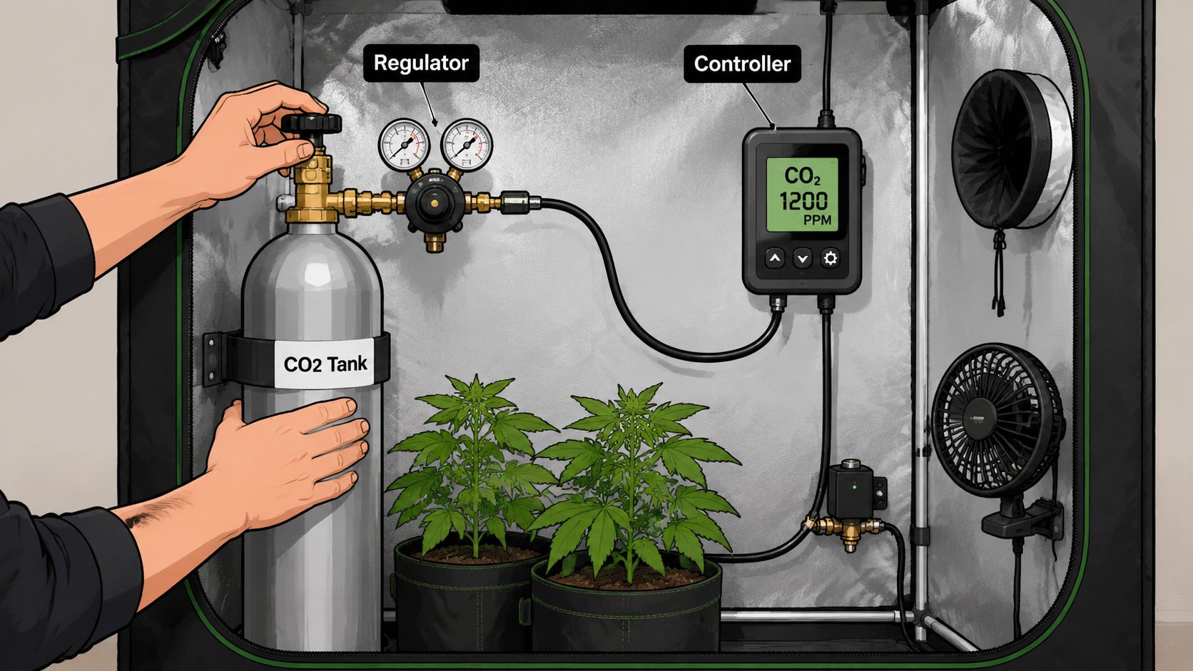A person setting up a CO2 enrichment system inside a grow tent for indoor cannabis plants.