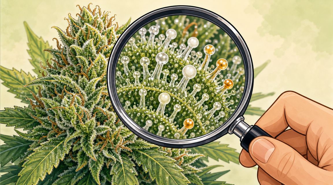A magnifying glass inspecting the trichomes on a cannabis bud to determine the harvest maturity.