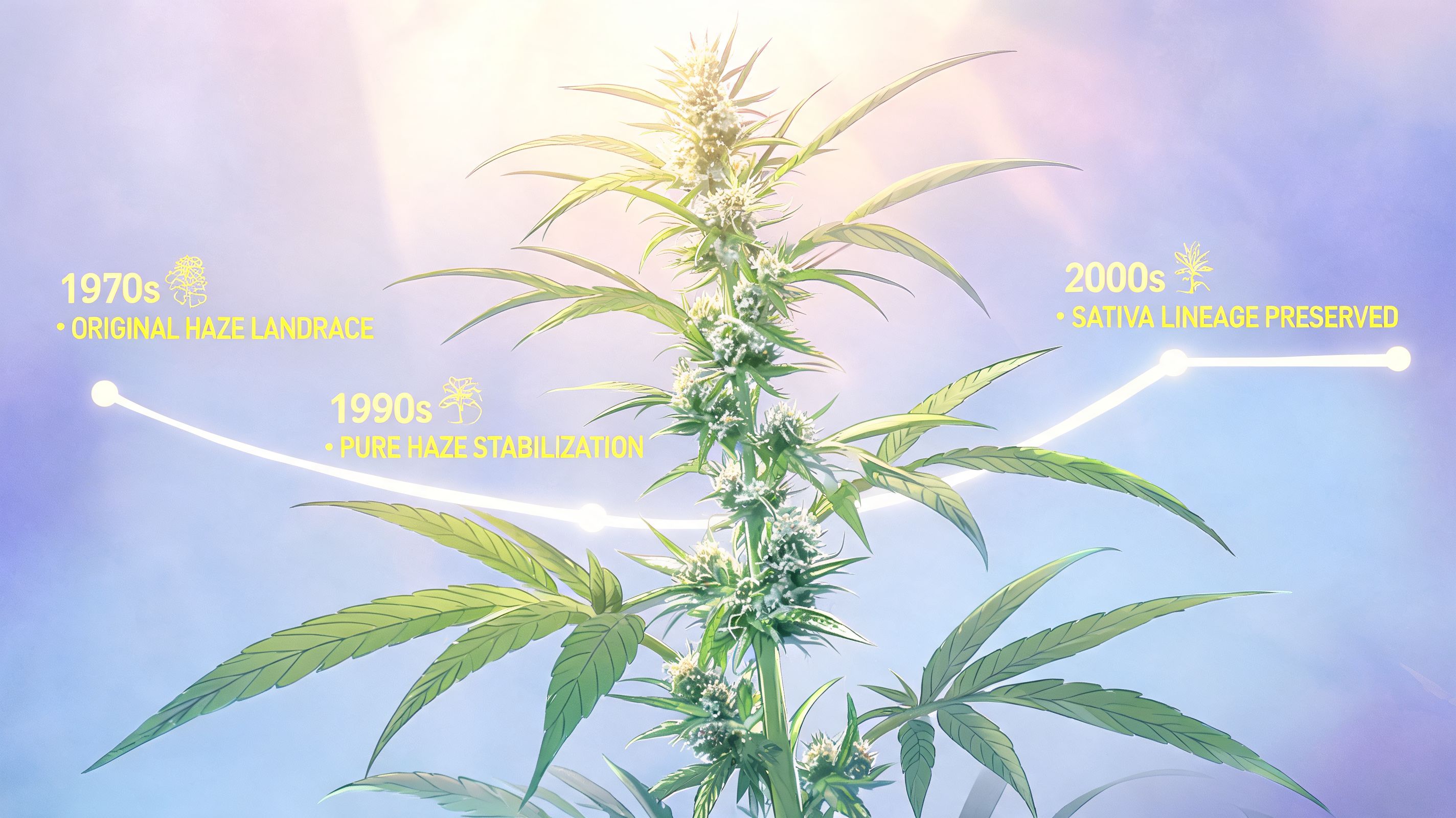A diagram illustrating the historical timeline of Haze cannabis cultivation from the 1970s to the 2000s.