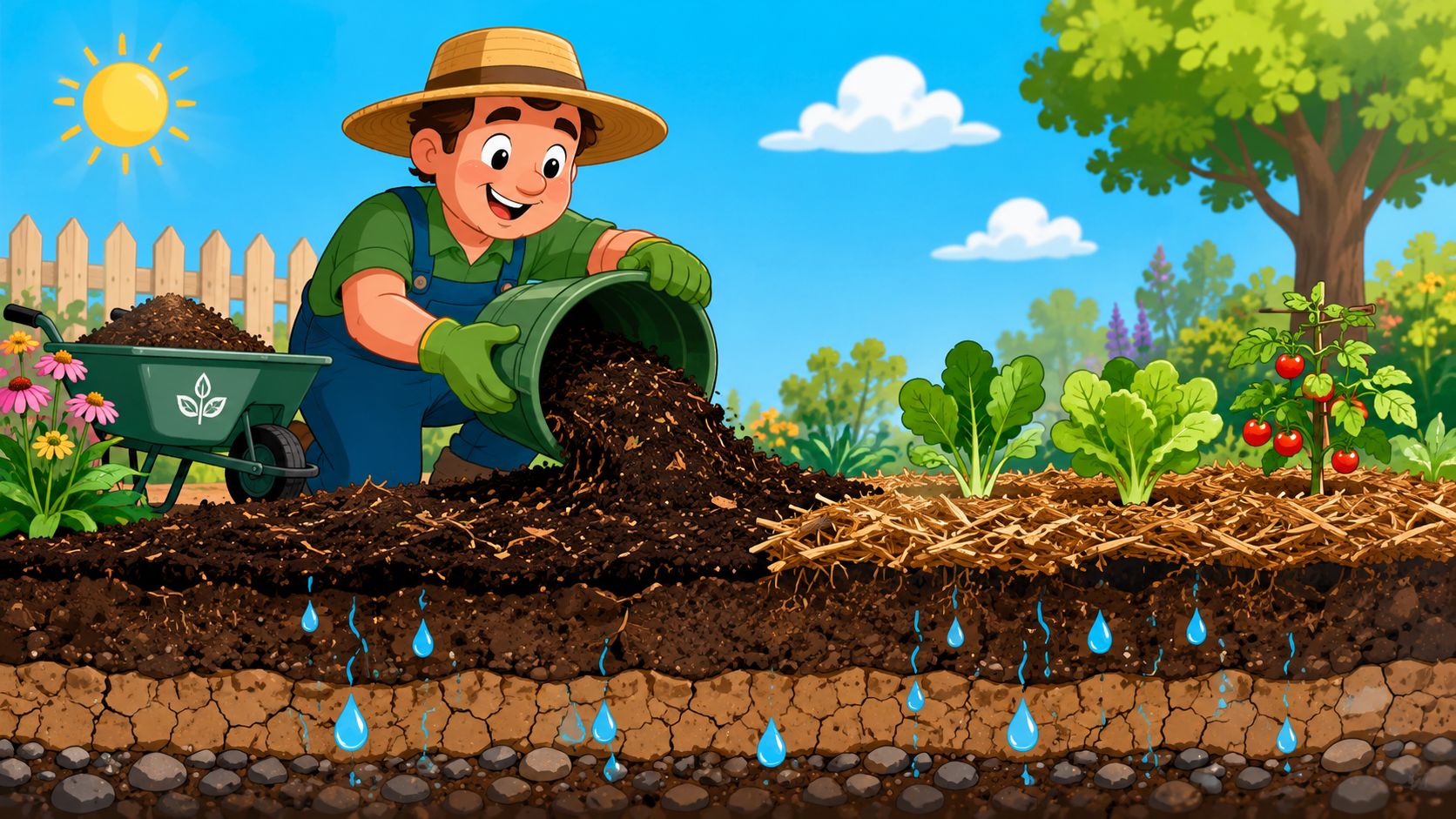 A happy gardener spreading organic compost on garden soil to improve moisture retention and soil health.