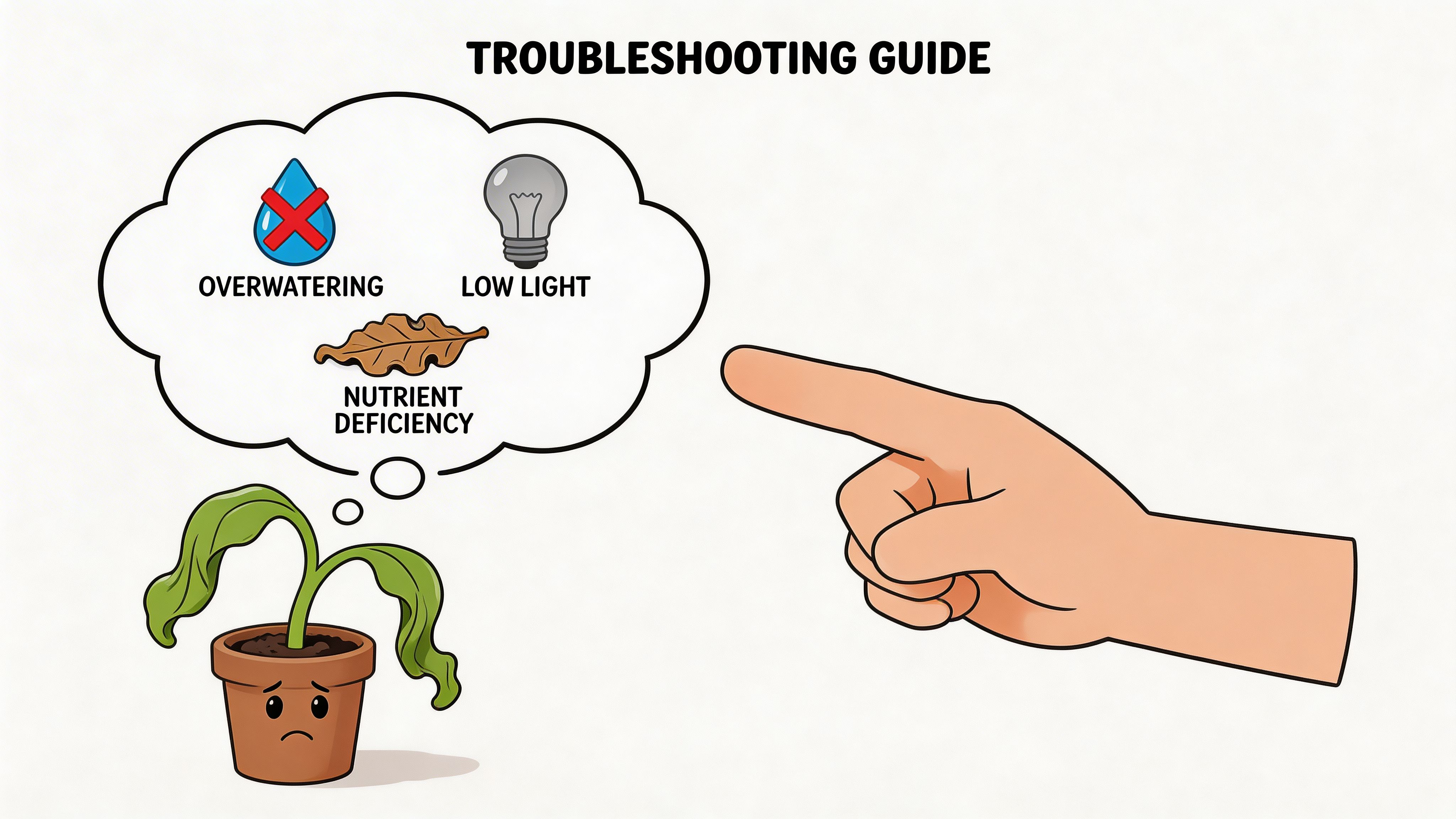 A cartoon illustration showing a sad potted plant with icons representing potential issues like overwatering, low light, and nutrient deficiency.