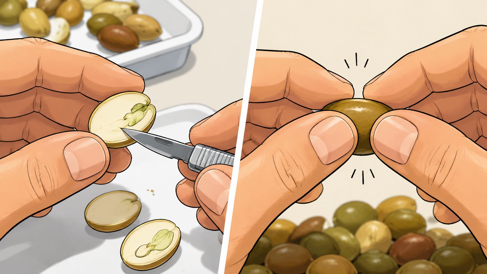 Hands using a small blade to perform seed viability testing on oval shaped plant seeds.