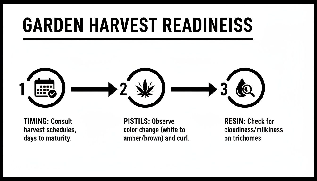 A three-step guide for cannabis garden harvest readiness: checking timing, pistils, and resin for optimal maturity.