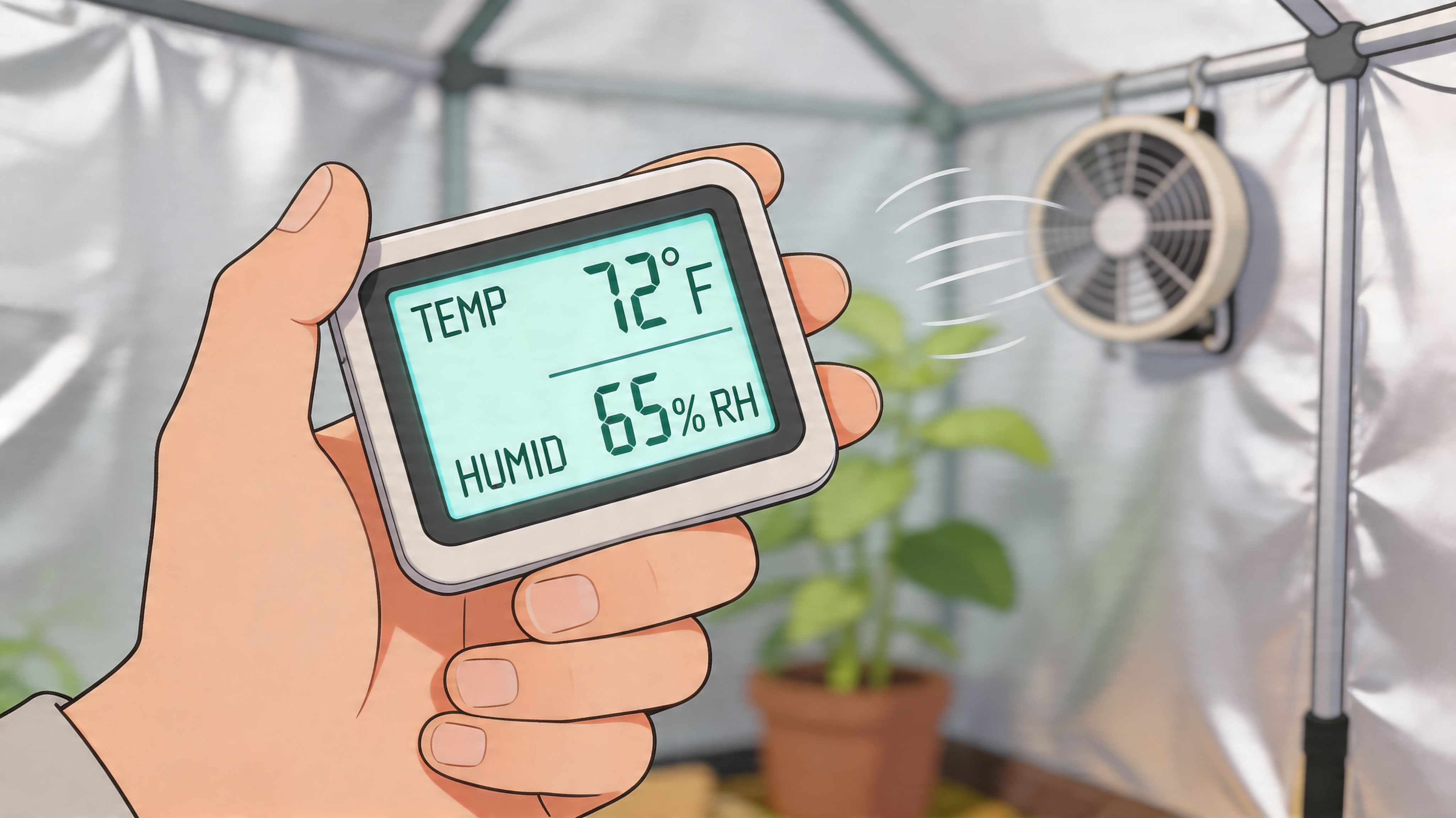 A hand holding a digital thermometer and hygrometer displaying 72 degrees and 65 percent humidity in a greenhouse.