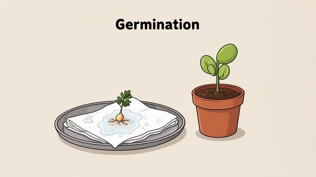 Illustration depicting plant germination, with a sprout on a wet paper towel and a seedling in a pot.