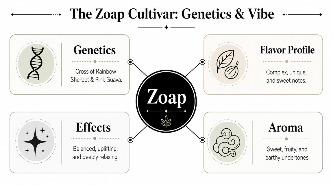 An infographic detailing the genetics, flavor profile, effects, and aroma of the Zoap cannabis cultivar.