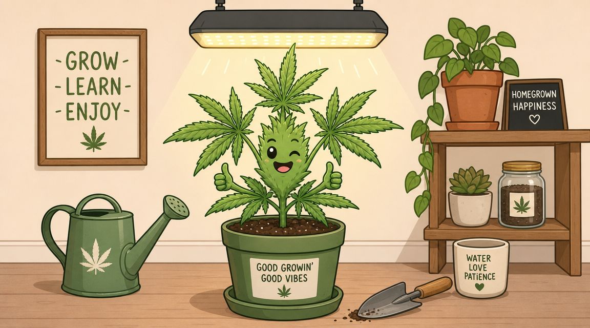 A cute cartoon marijuana plant in a green pot giving a thumbs up under a grow light.