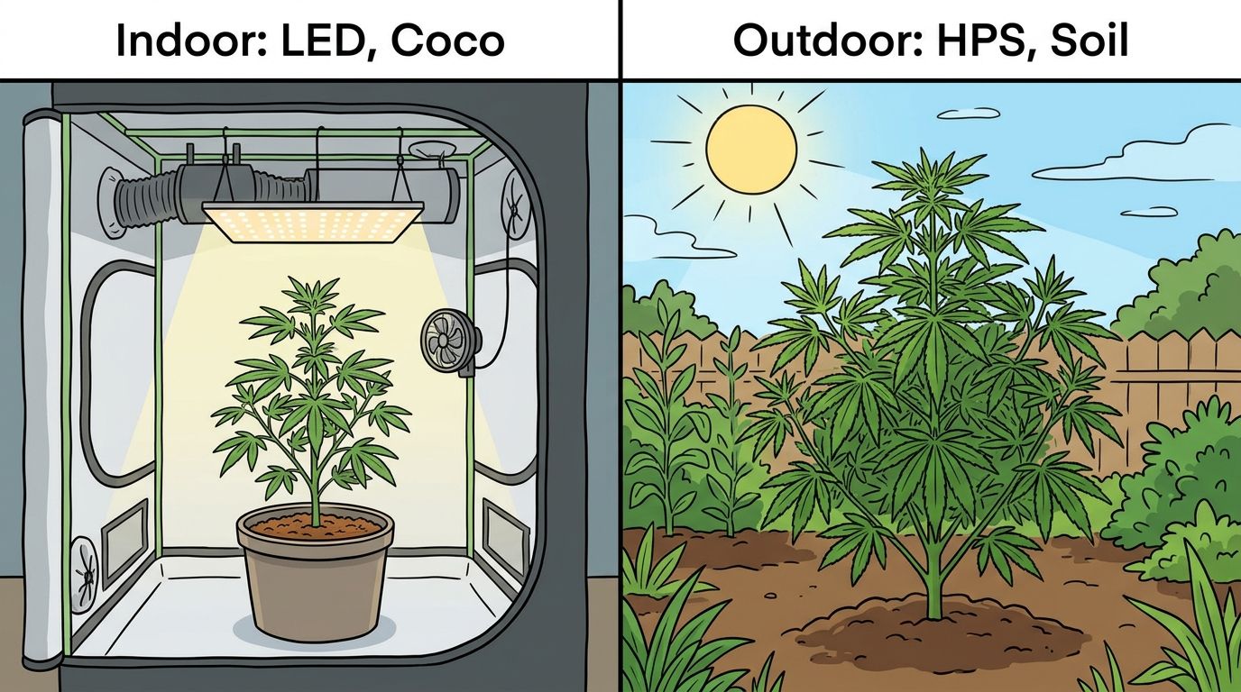 A split illustration comparing an indoor cannabis grow tent setup to an outdoor soil garden plot.
