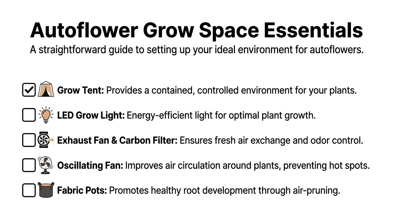 A checklist for autoflower grow space essentials including a tent, light, fans, and fabric pots.