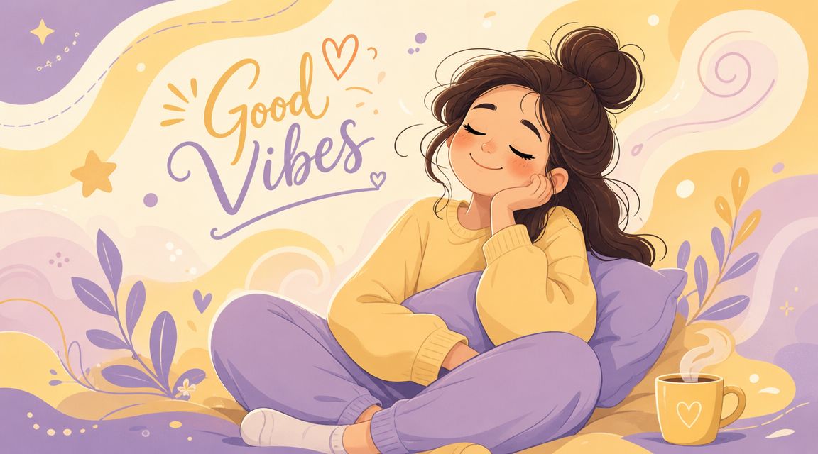 A cozy illustration of a relaxed girl sitting with a coffee mug, featuring a good vibes message.