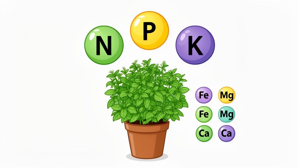 A vibrant potted plant surrounded by essential nutrient symbols like N, P, K, Fe, Mg, Ca for healthy growth.
