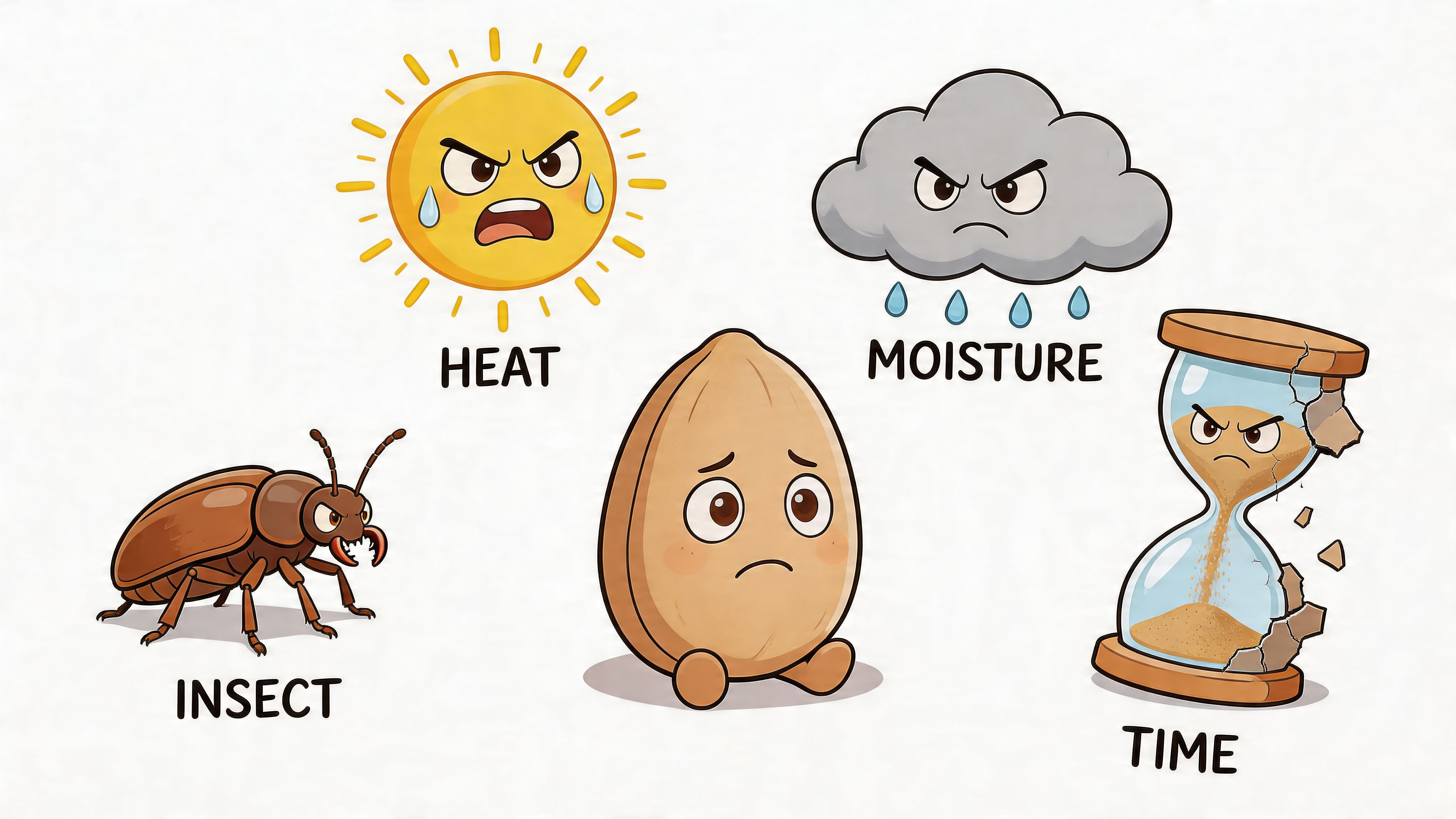 A sad seed character surrounded by symbols of heat, moisture, insects, and time representing environmental threats.