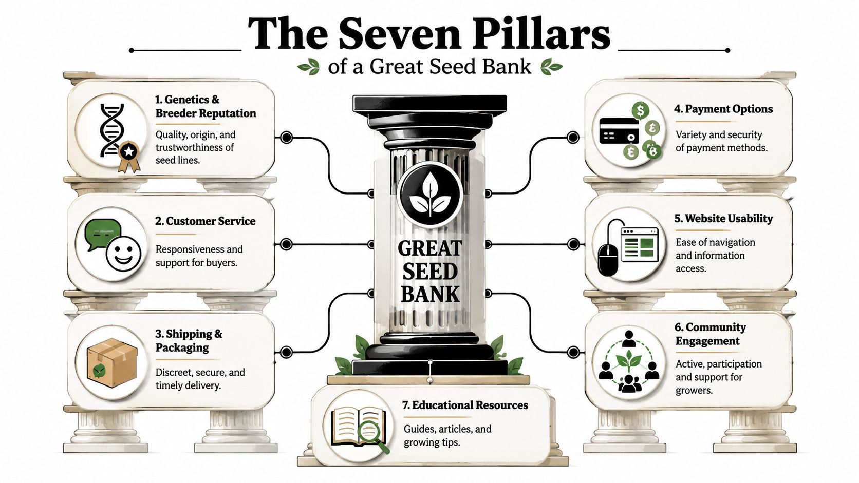 An infographic titled The Seven Pillars of a Great Seed Bank showing essential criteria for quality seed companies.