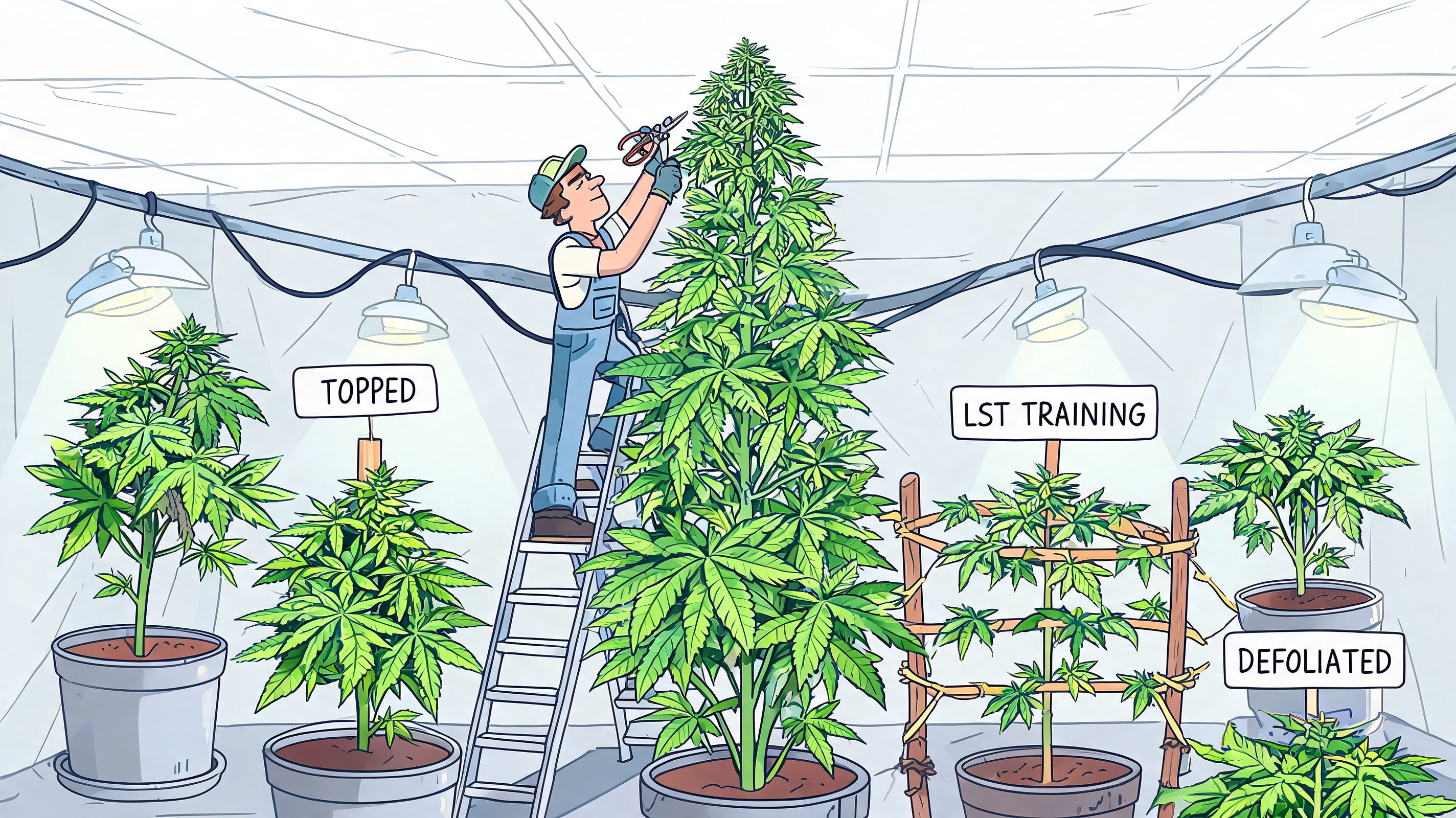 A grower using a ladder to prune a large cannabis plant in an indoor grow room setup.