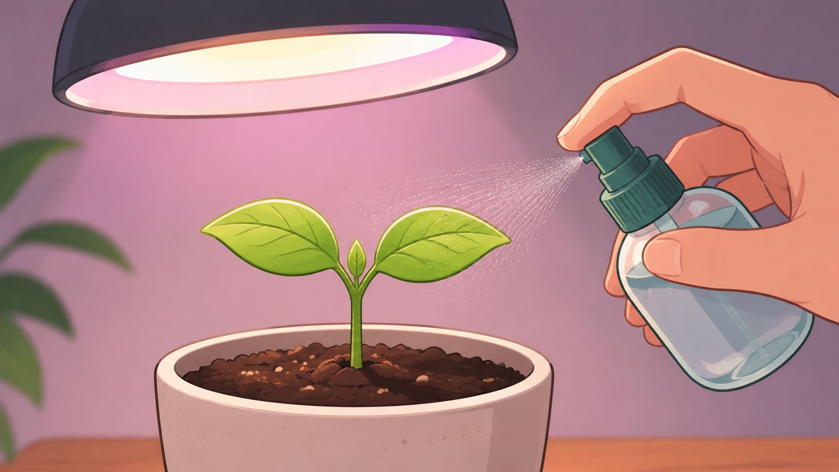 A hand misting a small green seedling in a pot under an artificial grow light.