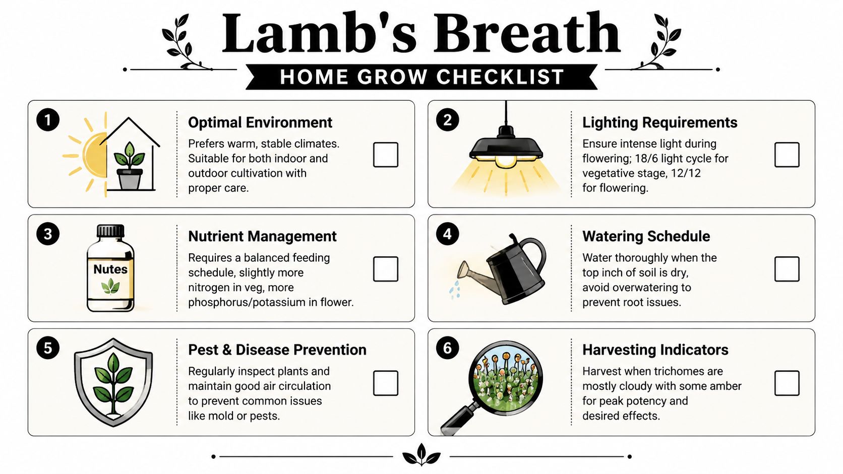 A Lamb's Breath home grow checklist infographic detailing environmental, lighting, nutrient, and harvesting requirements for cannabis cultivation.