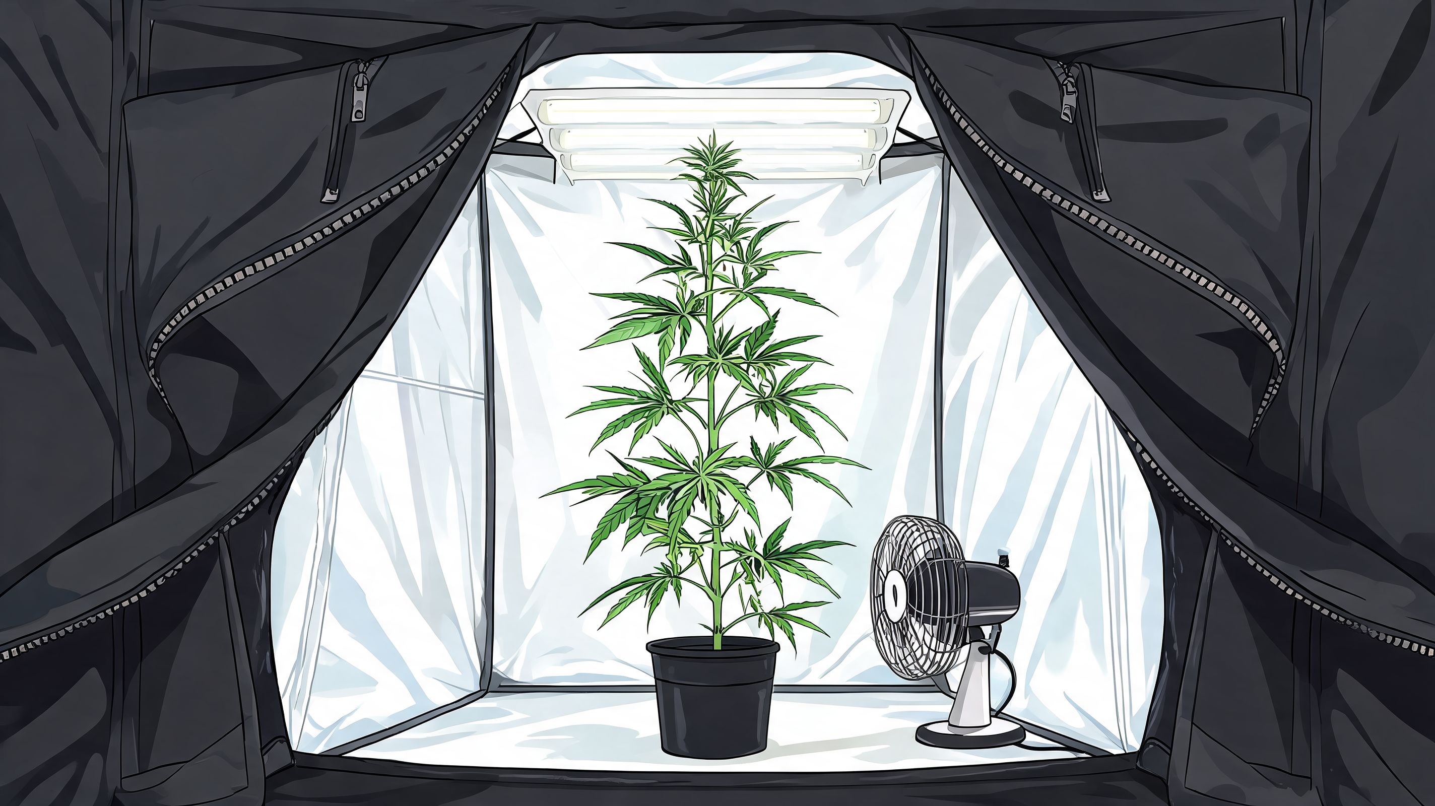 A marijuana plant growing inside a controlled indoor grow tent setup with lights and a fan.