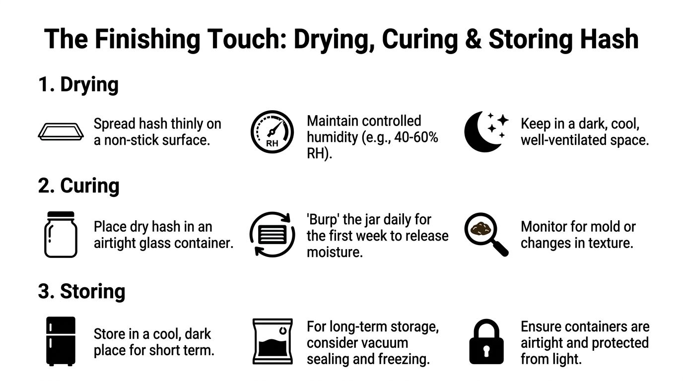 An infographic showing steps for drying, curing, and storing hash with icons and explanatory text.