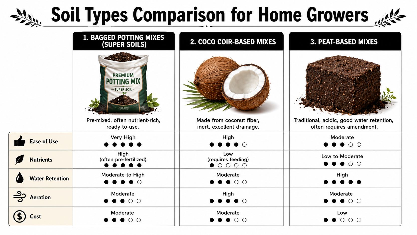 A comparison chart outlining the characteristics of three common soil types for home gardeners.