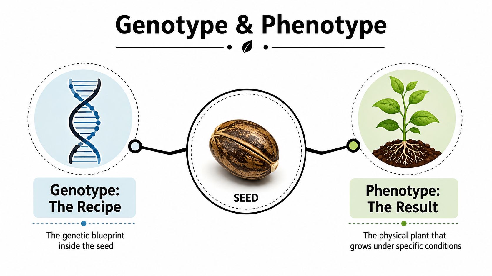 A diagram comparing genotype as the genetic blueprint in a seed to phenotype as the resulting plant.