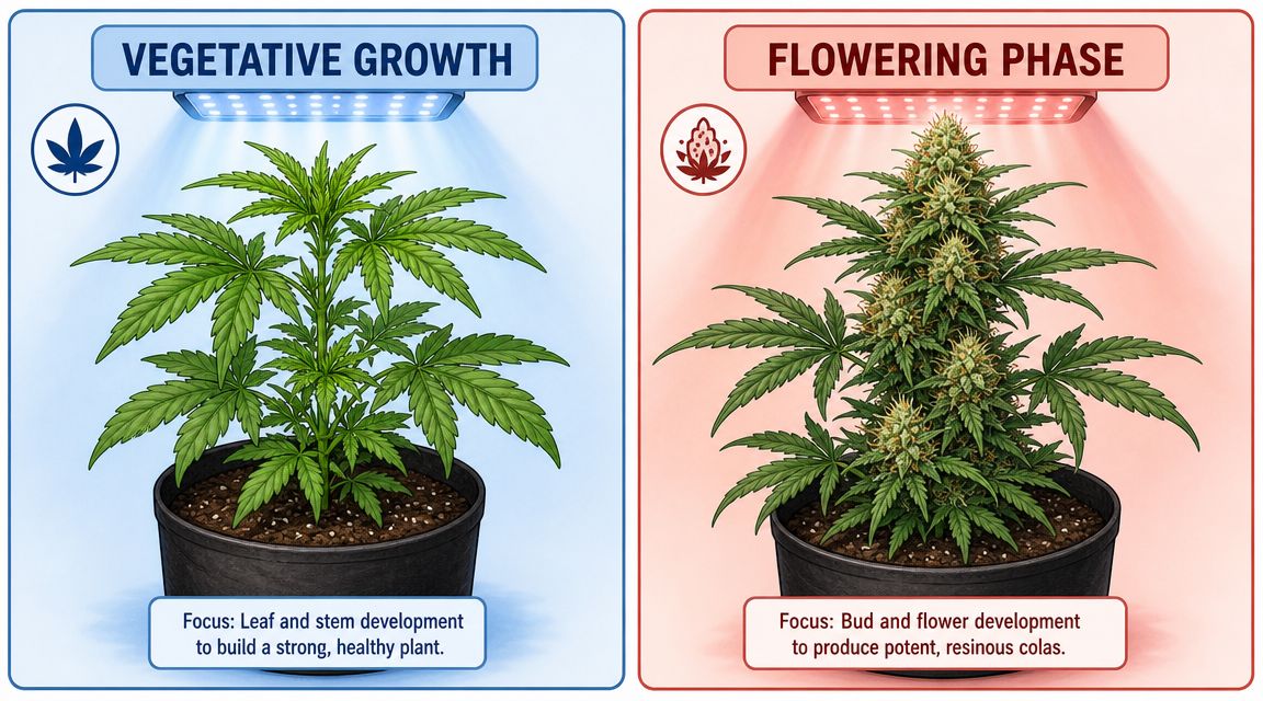 An illustration comparing the vegetative growth and flowering phase stages of a cannabis plant development cycle.