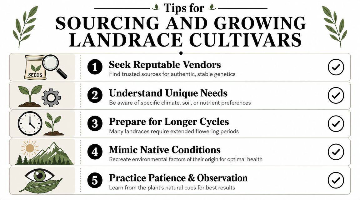 An infographic titled Tips for Sourcing and Growing Landrace Cultivars listing five essential steps for gardeners.