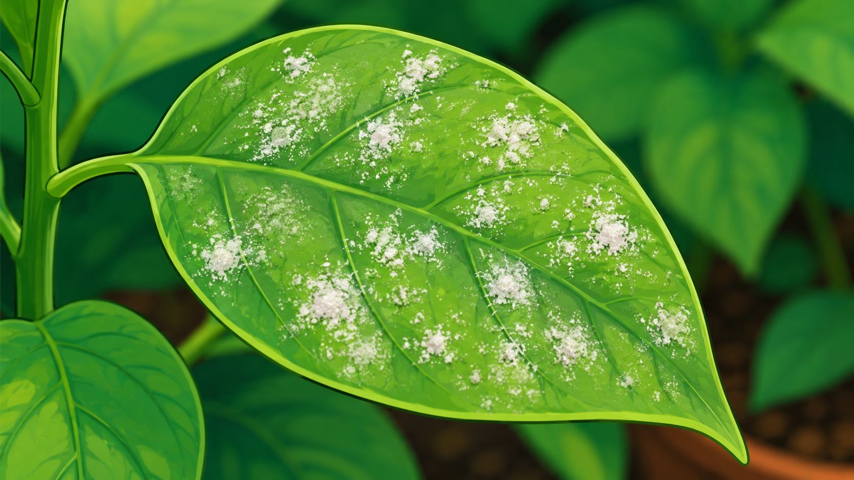 A close-up illustration of a green plant leaf heavily affected by white powdery mildew fungus spores.